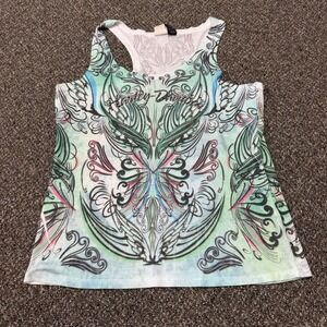 Harley-Davidson Tank Top Womens XL Green Blue Filigree Skull Rhinestone Biker